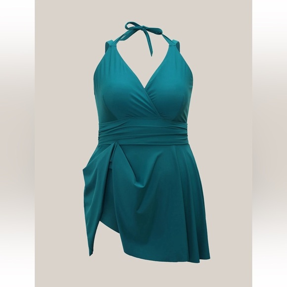 BloomChic Plus Size 2XL Solid Ruffle Hem Empire Waist Halter Neck Swim Dress - Picture 5 of 10